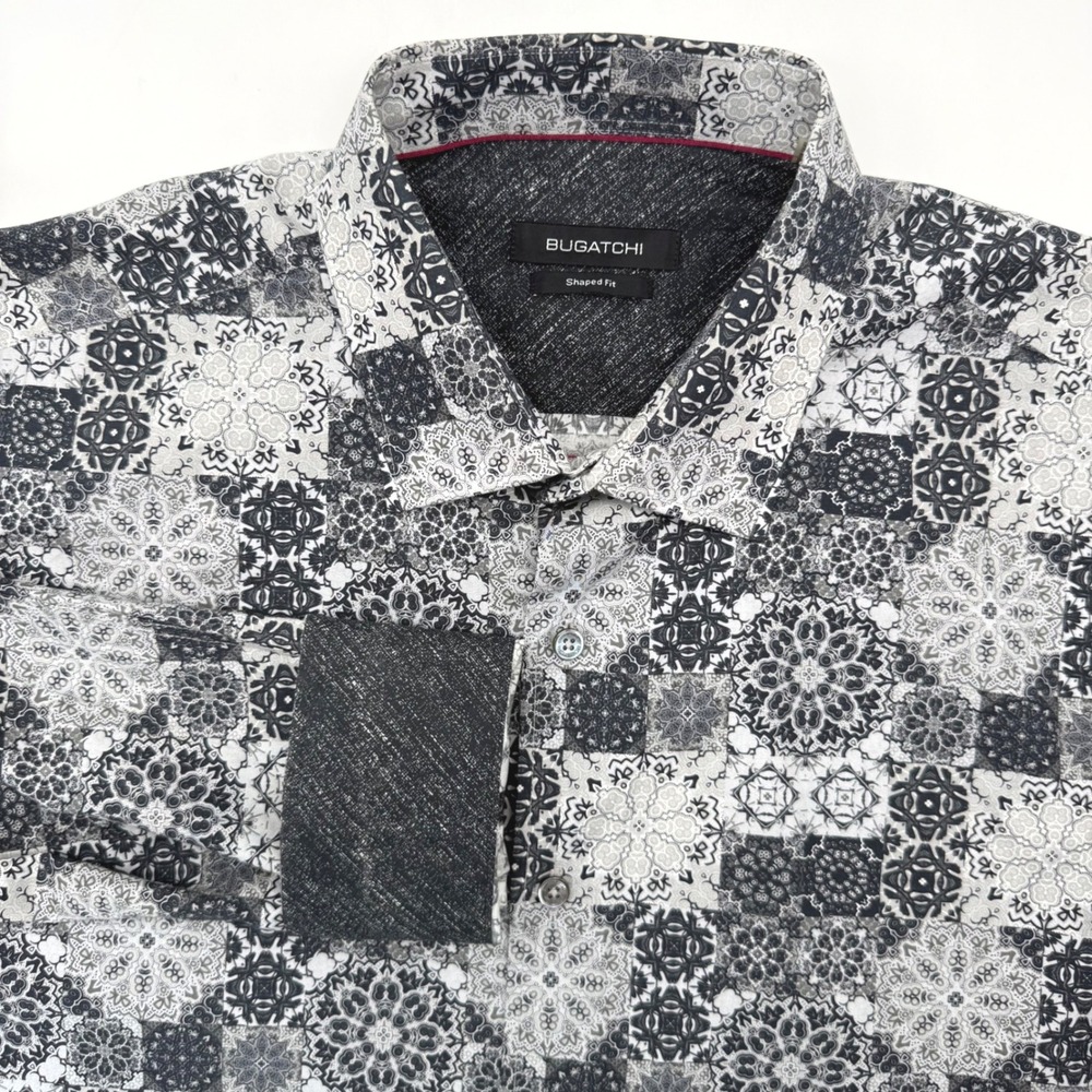 Bugatchi Button Down Men L Gray Patchwork Mandala Shaped Fit Long Sleeve Shirt